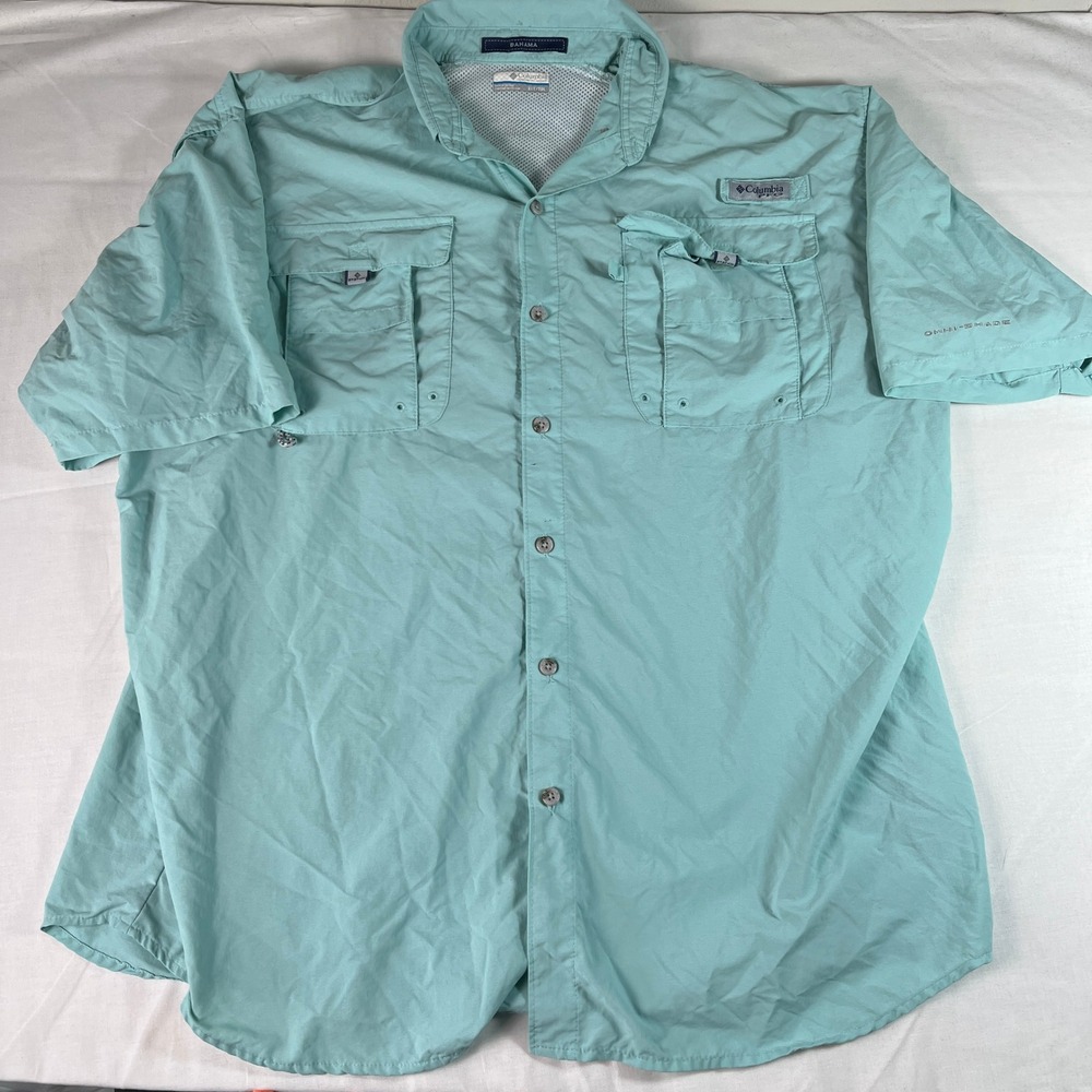 Columbia PFG Fishing Shirt Mens XLT Aqua Blue Excellent Bahama II Short Sleeve